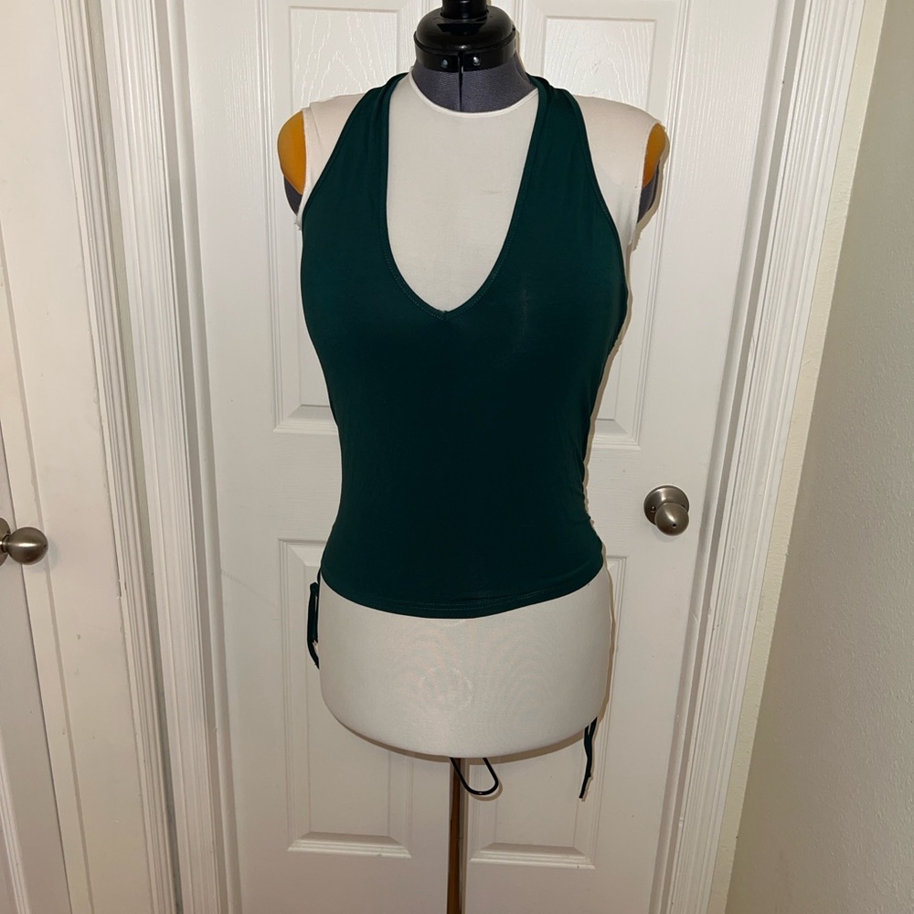 XL Women's halter, deep V-Neck Top - Dark Green